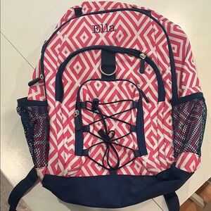 Pottery Barn Kids Pink and Navy Geometric Backpack, monogrammed with Ella, EUC